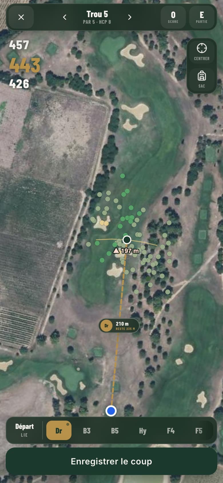 Caddie GPS en jeu, vue satellite du trou et dispersion